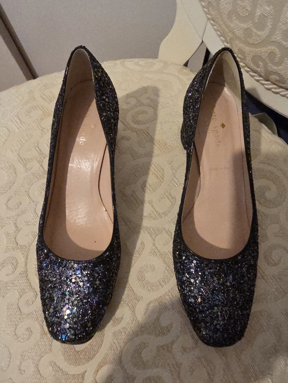 kate spade Black Glitter Block Heel Pumps